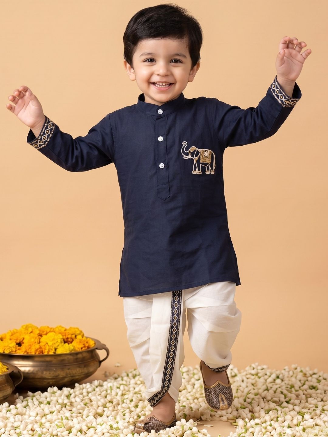 AJ Dezines Blue Solid With Embroidery Motif Pure Cotton Dhoti Set For Boys