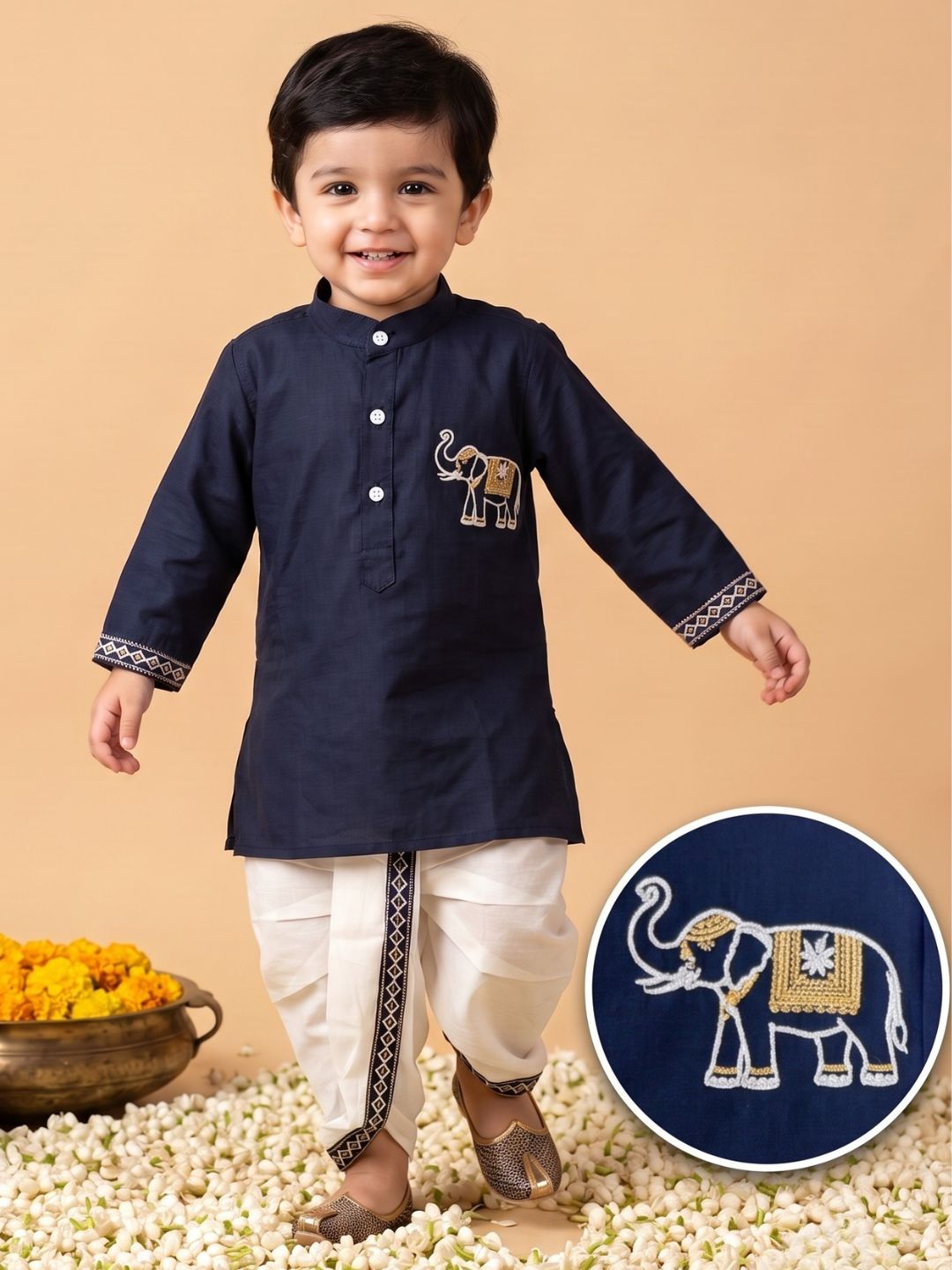 AJ Dezines Blue Solid With Embroidery Motif Pure Cotton Dhoti Set For Boys