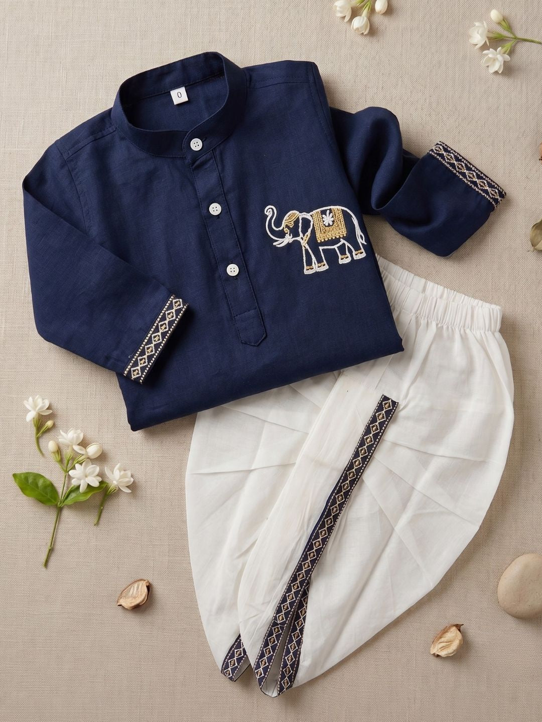 AJ Dezines Blue Solid With Embroidery Motif Pure Cotton Dhoti Set For Boys
