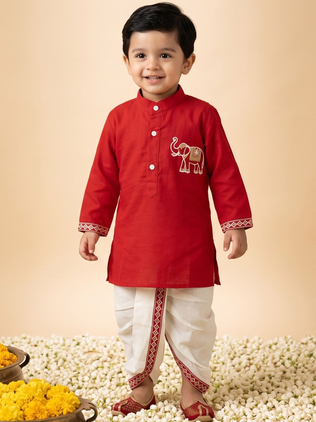 AJ Dezines Red Solid With Embroidery Motif Pure Cotton Dhoti Set For Boys