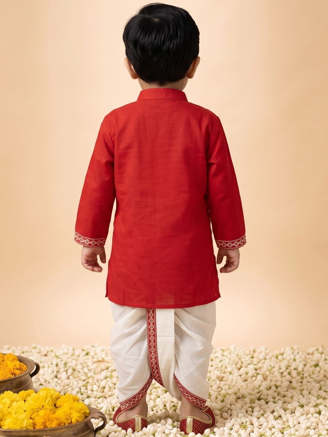 AJ Dezines Red Solid With Embroidery Motif Pure Cotton Dhoti Set For Boys
