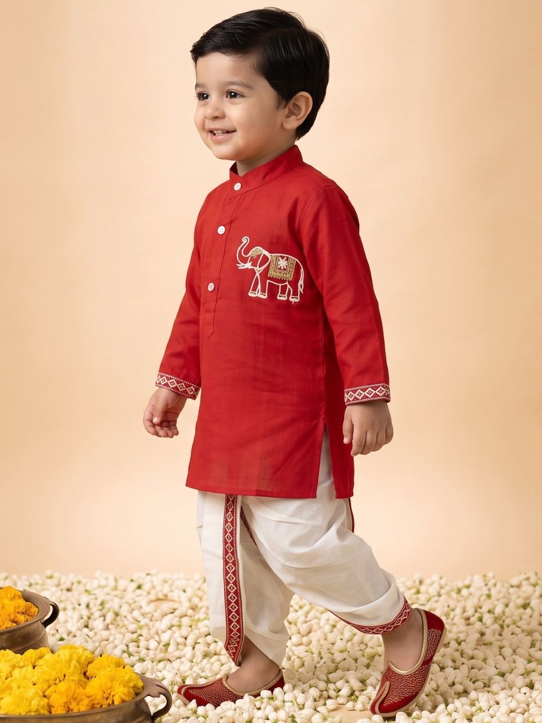 AJ Dezines Red Solid With Embroidery Motif Pure Cotton Dhoti Set For Boys