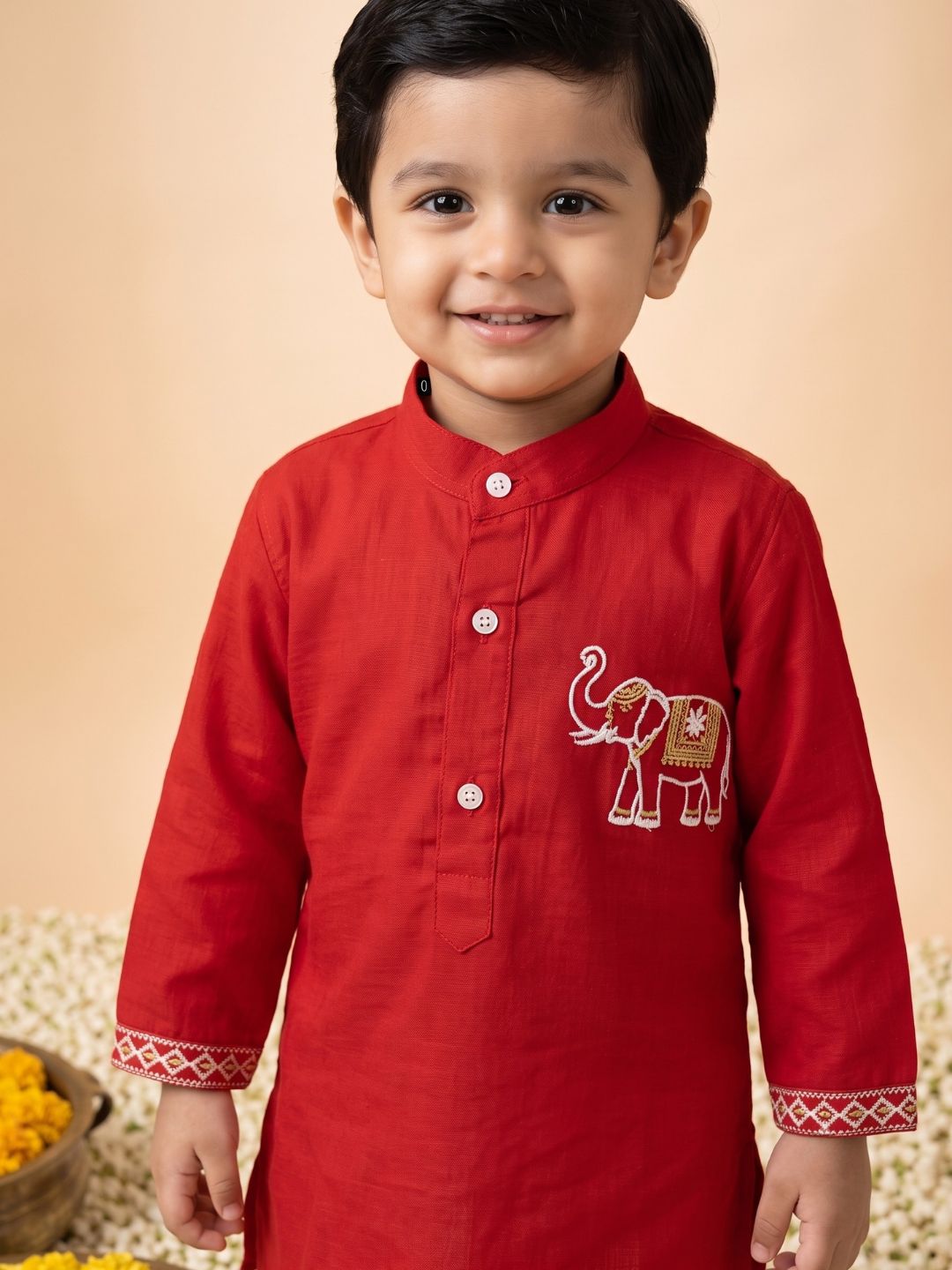 AJ Dezines Red Solid With Embroidery Motif Pure Cotton Dhoti Set For Boys