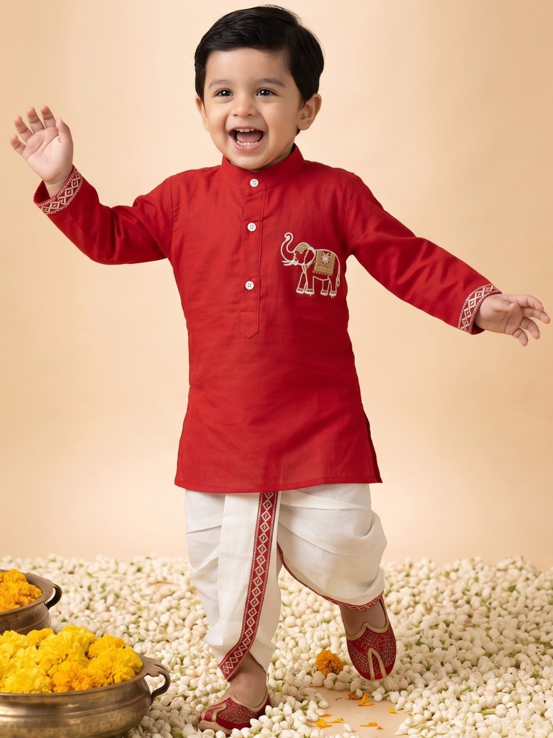 AJ Dezines Red Solid With Embroidery Motif Pure Cotton Dhoti Set For Boys