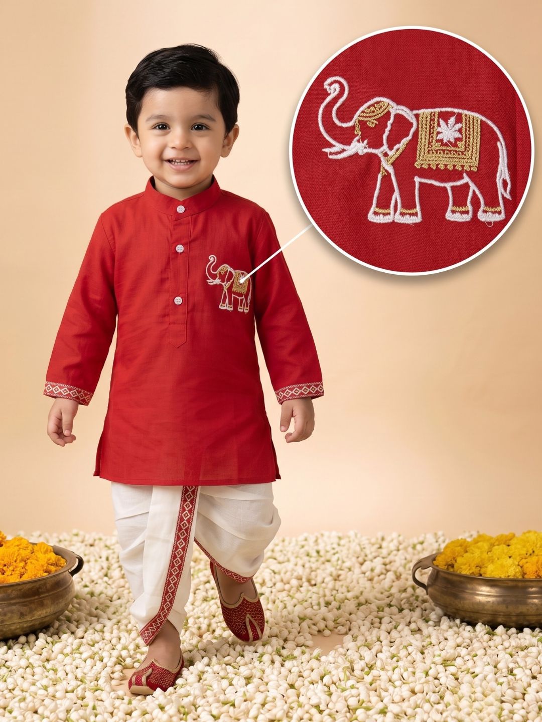 AJ Dezines Red Solid With Embroidery Motif Pure Cotton Dhoti Set For Boys
