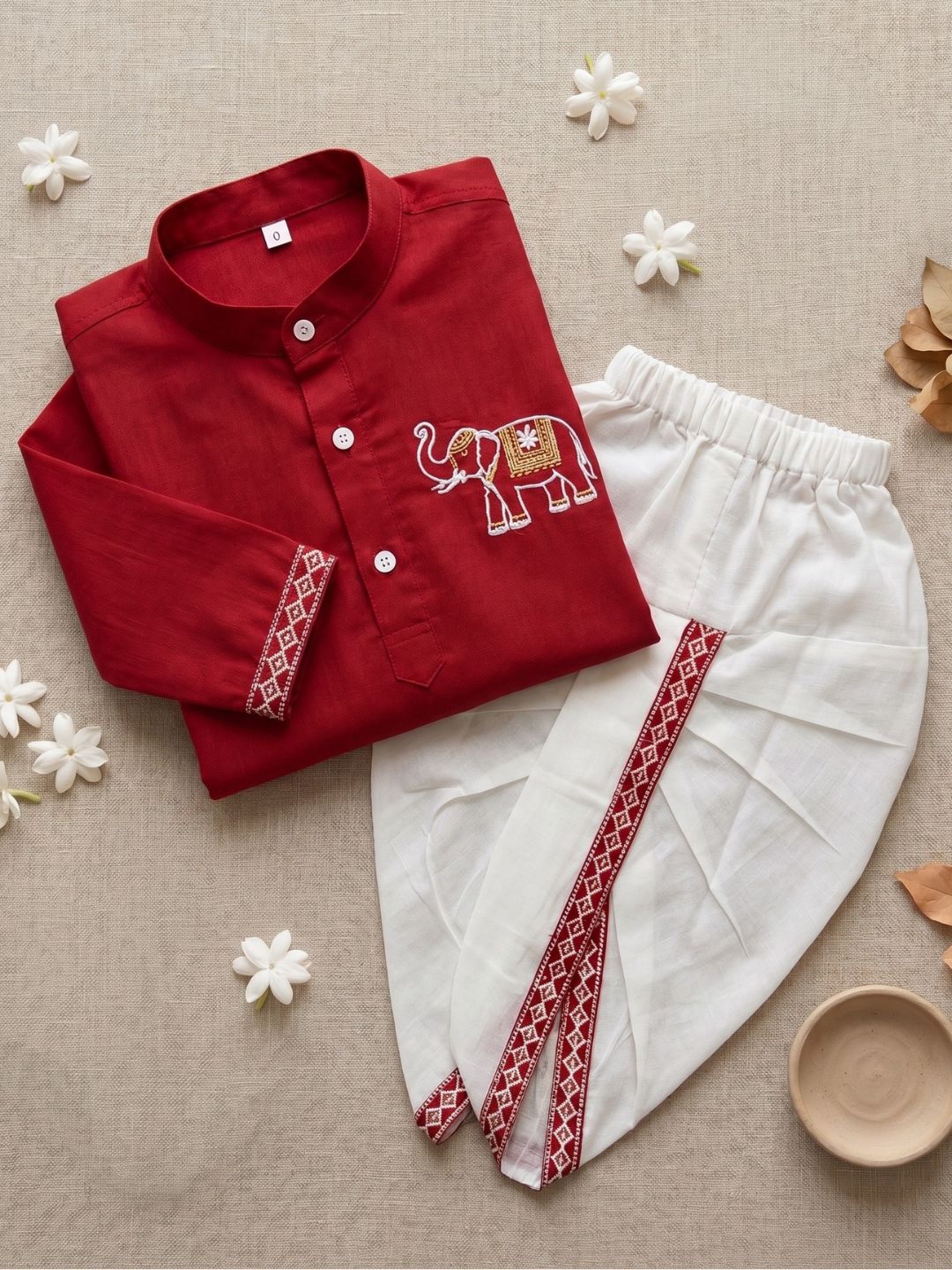 AJ Dezines Red Solid With Embroidery Motif Pure Cotton Dhoti Set For Boys
