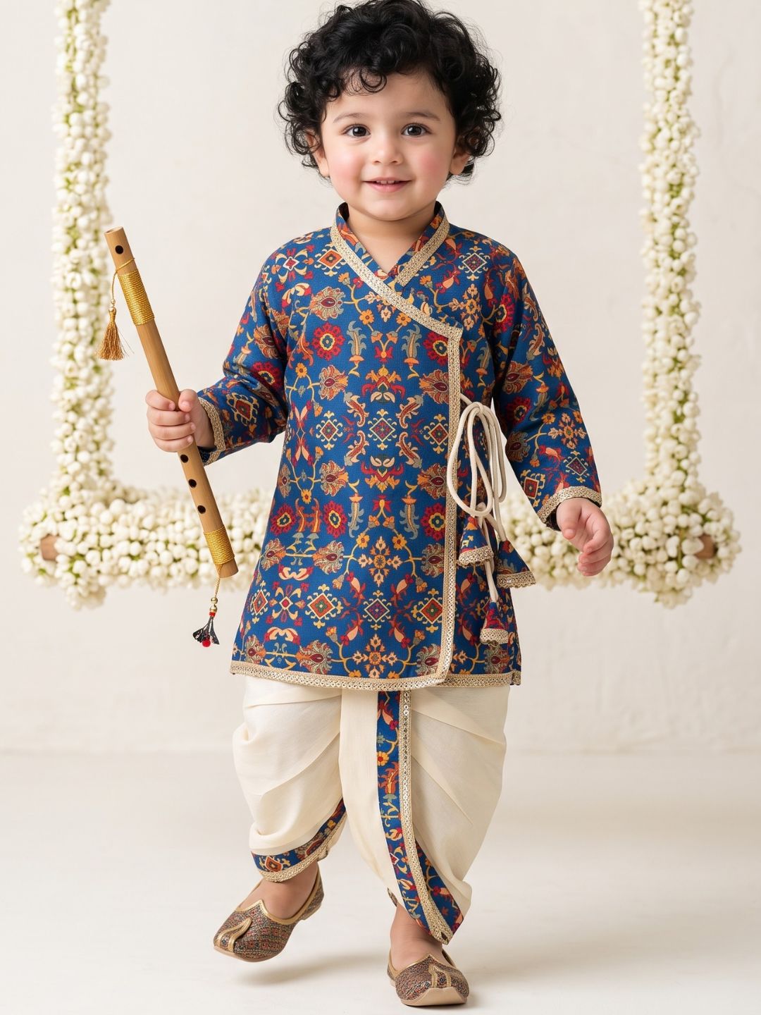 Blue Ethnic Print Cotton Blend Angrakha Dhoti Kurta Set For Boys