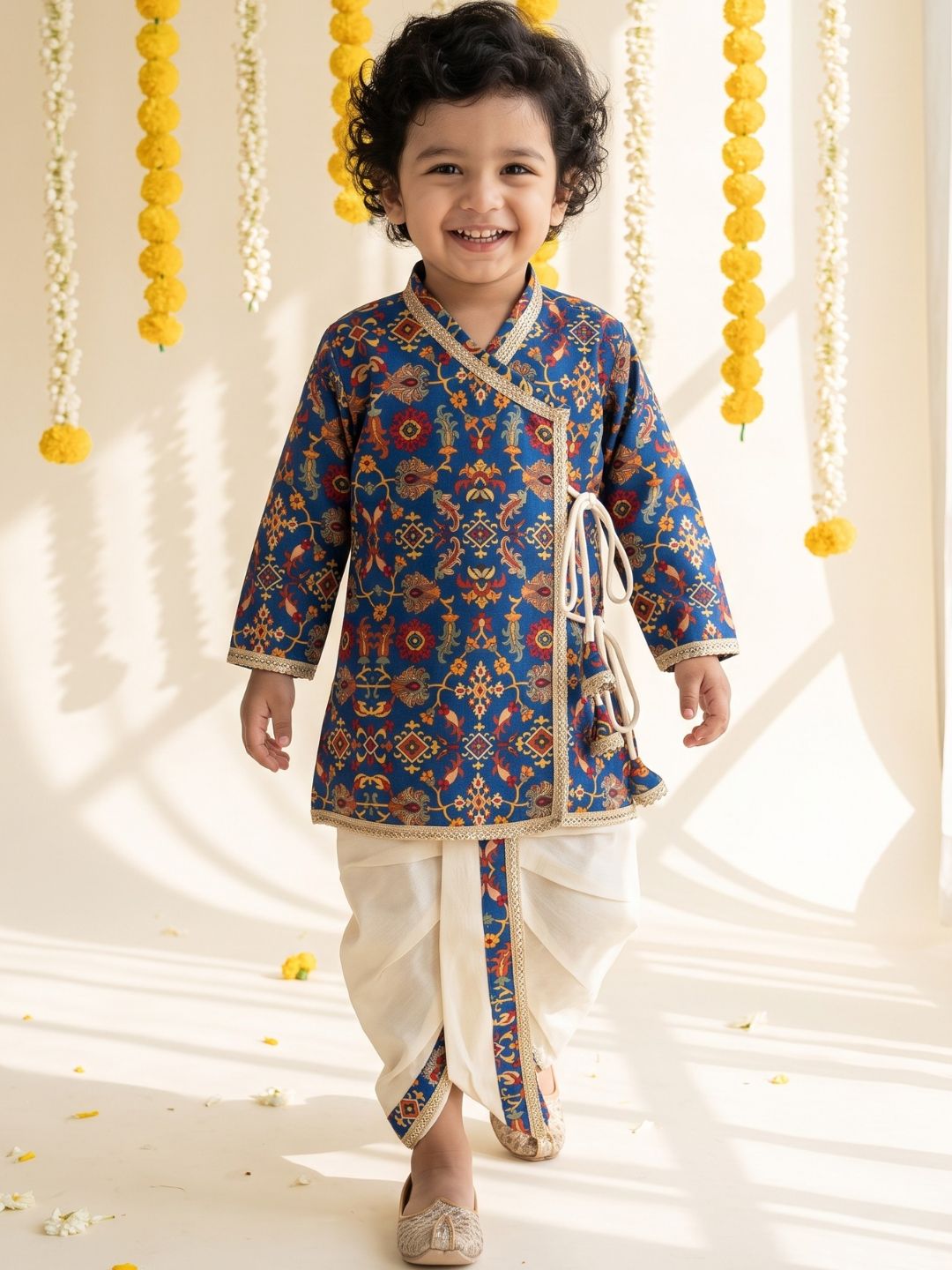 Blue Ethnic Print Cotton Blend Angrakha Dhoti Kurta Set For Boys