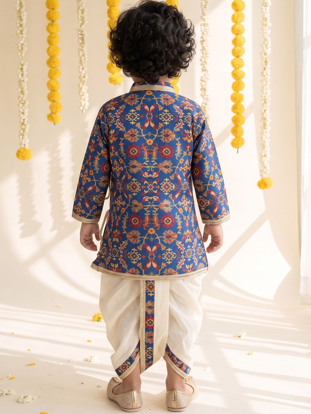 Blue Ethnic Print Cotton Blend Angrakha Dhoti Kurta Set For Boys