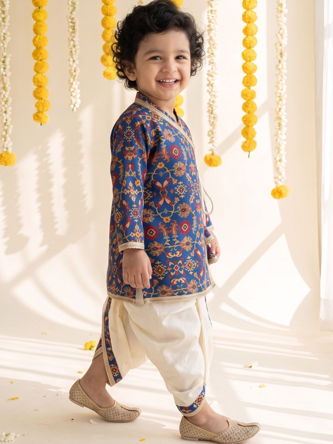 Blue Ethnic Print Cotton Blend Angrakha Dhoti Kurta Set For Boys