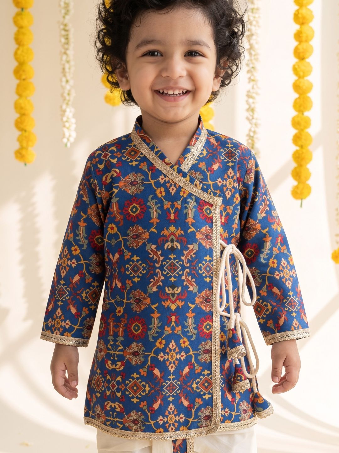 Blue Ethnic Print Cotton Blend Angrakha Dhoti Kurta Set For Boys