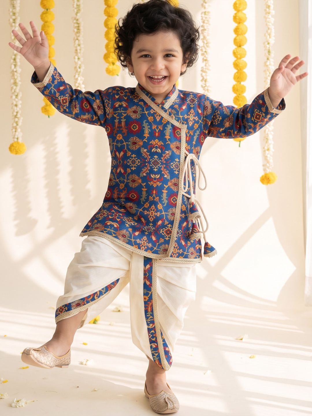 Blue Ethnic Print Cotton Blend Angrakha Dhoti Kurta Set For Boys