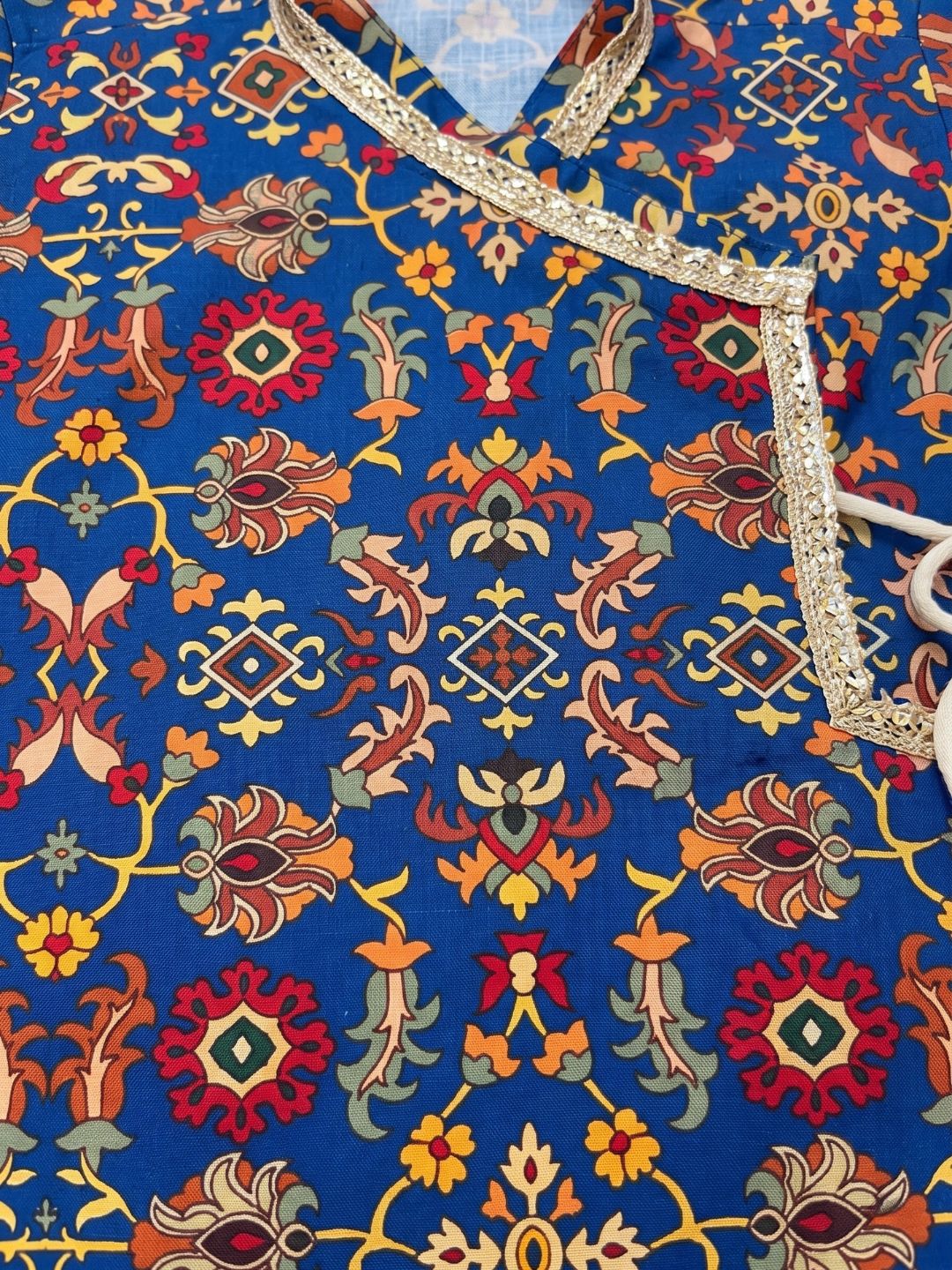 Blue Ethnic Print Cotton Blend Angrakha Dhoti Kurta Set For Boys