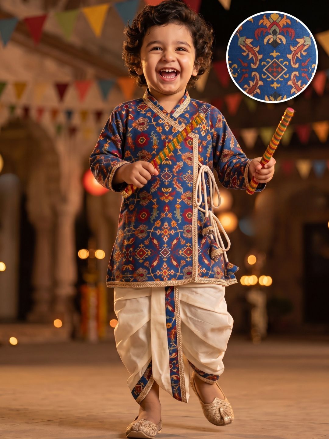 Blue Ethnic Print Cotton Blend Angrakha Dhoti Kurta Set For Boys