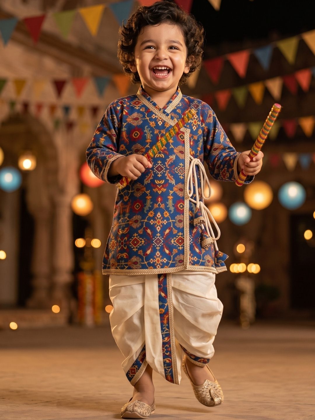 Blue Ethnic Print Cotton Blend Angrakha Dhoti Kurta Set For Boys