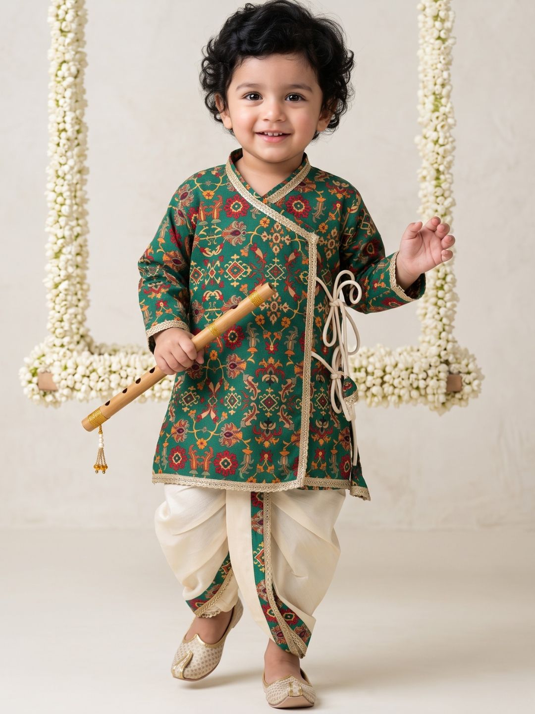 Green Ethnic Print Cotton Blend Angrakha Dhoti Kurta Set For Boys