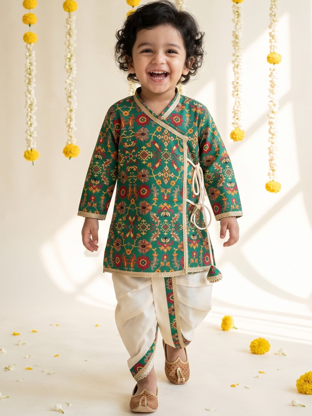 Green Ethnic Print Cotton Blend Angrakha Dhoti Kurta Set For Boys