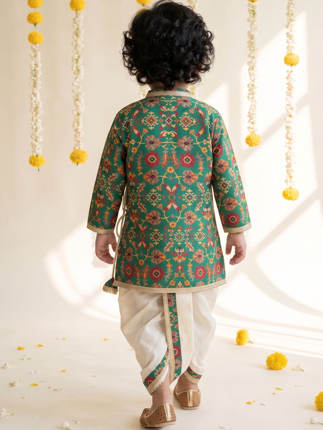 Green Ethnic Print Cotton Blend Angrakha Dhoti Kurta Set For Boys
