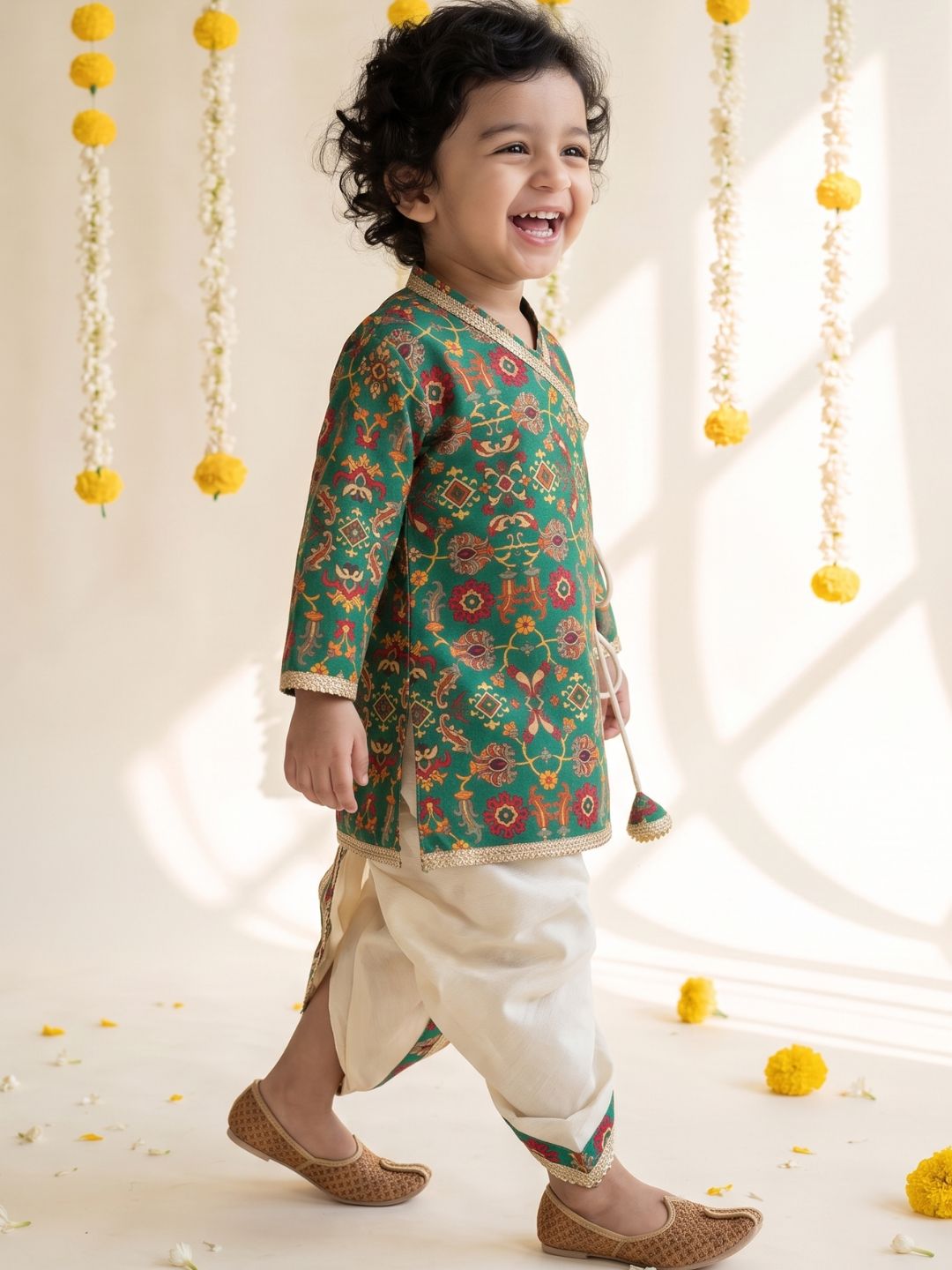 Green Ethnic Print Cotton Blend Angrakha Dhoti Kurta Set For Boys