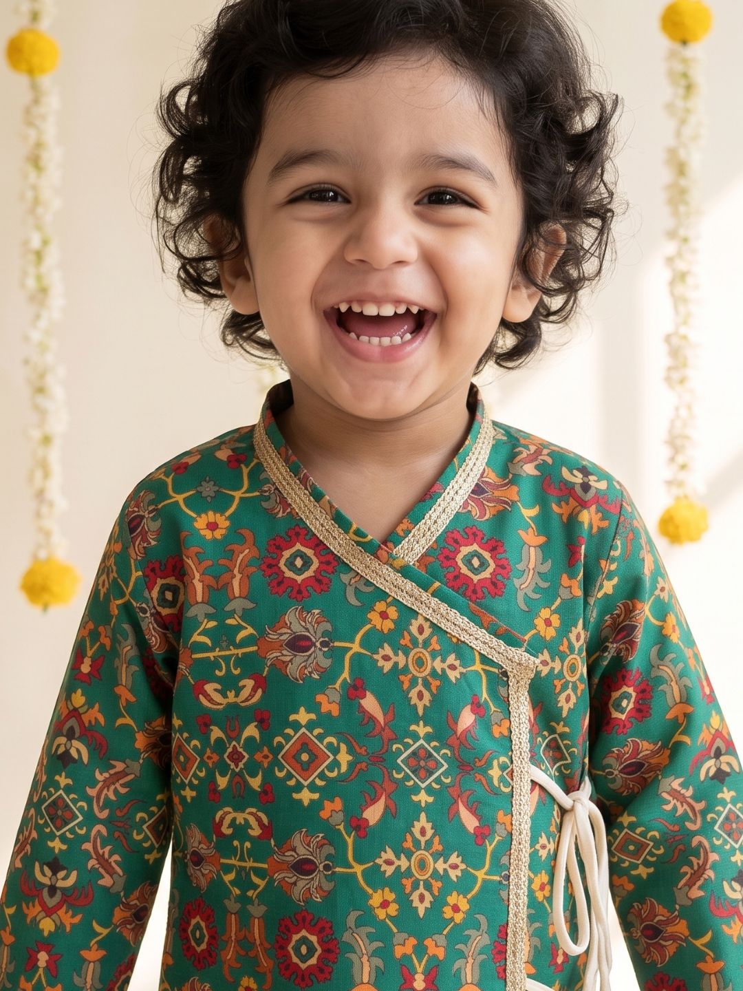 Green Ethnic Print Cotton Blend Angrakha Dhoti Kurta Set For Boys