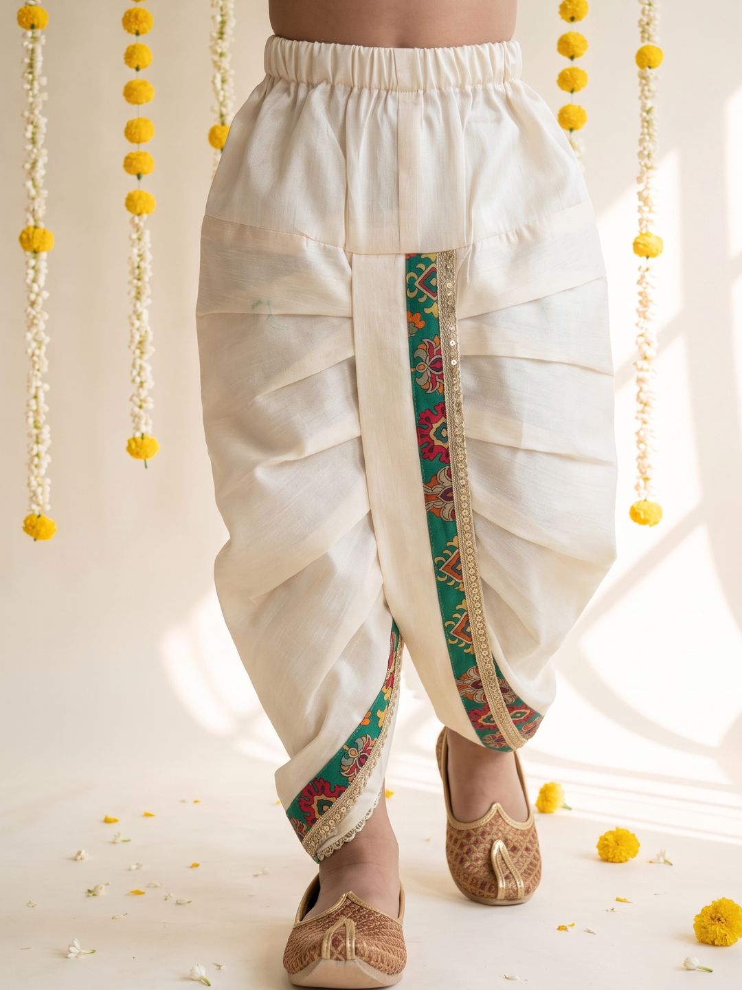 Green Ethnic Print Cotton Blend Angrakha Dhoti Kurta Set For Boys
