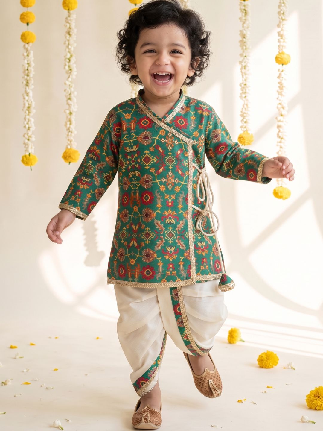 Green Ethnic Print Cotton Blend Angrakha Dhoti Kurta Set For Boys