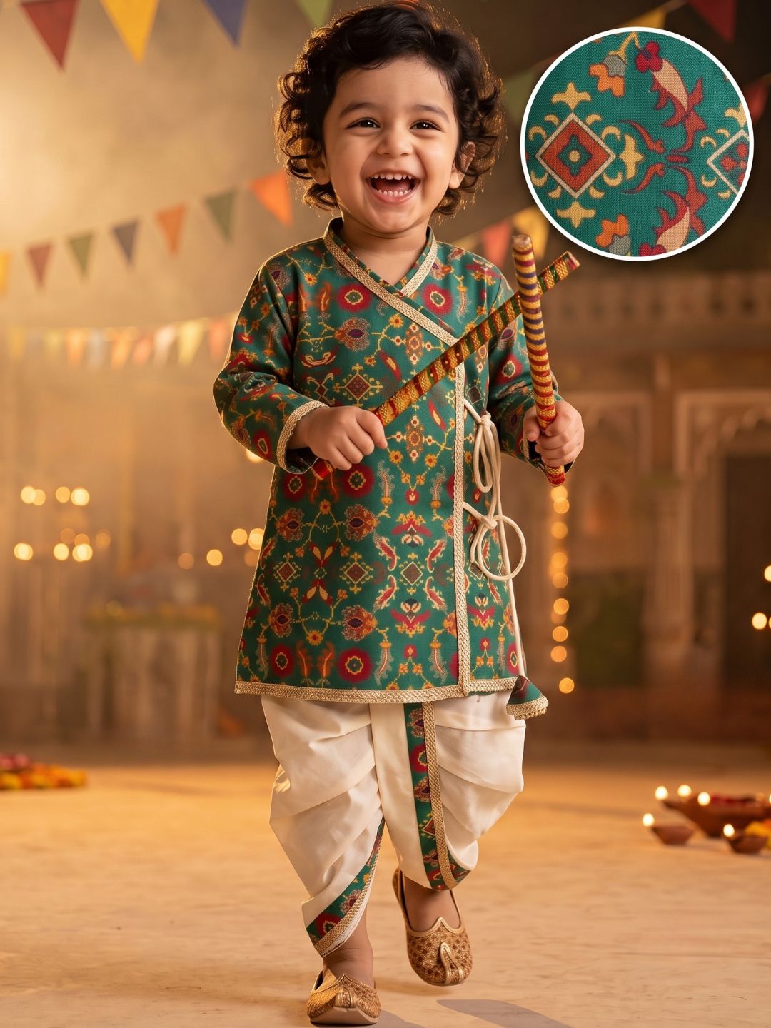 Green Ethnic Print Cotton Blend Angrakha Dhoti Kurta Set For Boys