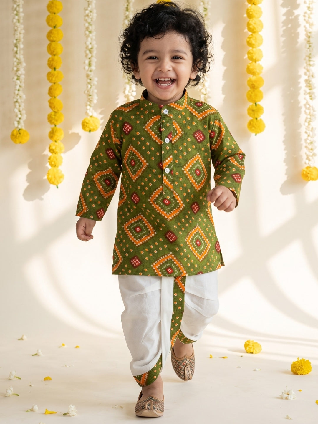 AJ Dezines Green Bandhani Print Pure Cotton Sibling Set for Kids | Matching Brother & Sister Outfit