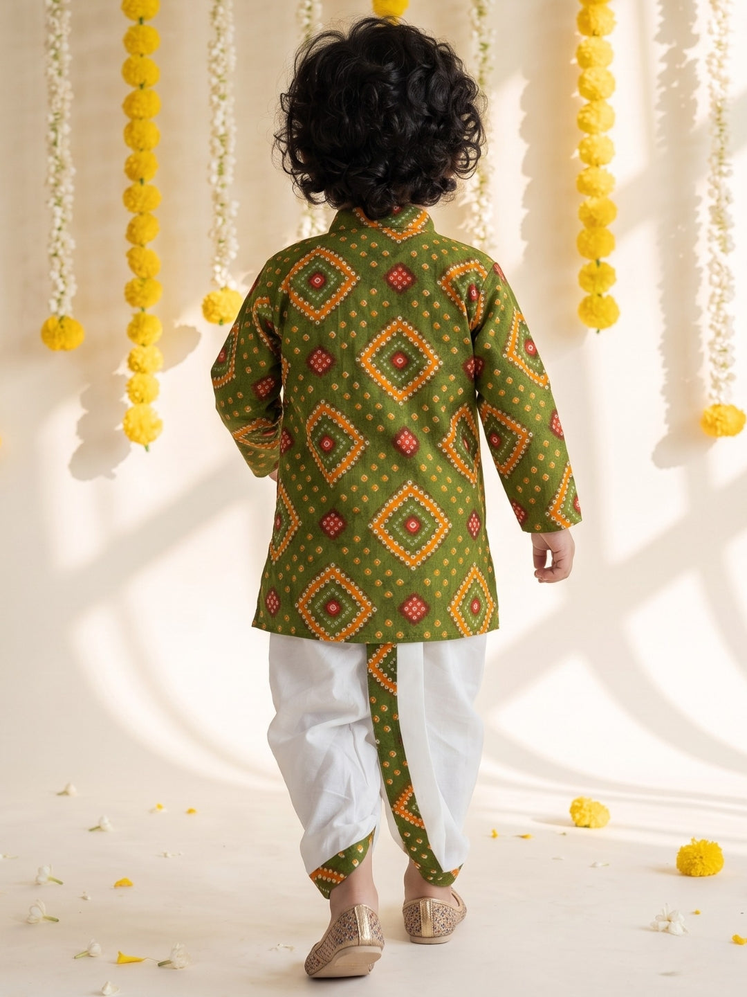 AJ Dezines Green Bandhani Print Pure Cotton Full Sleeve Dhoti Kurta Set For Boys