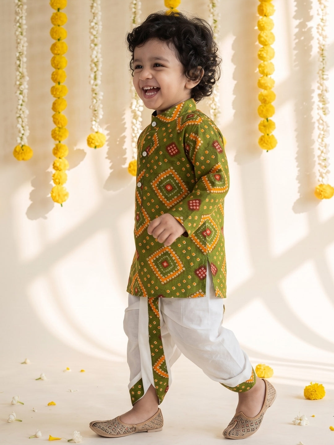 AJ Dezines Green Bandhani Print Pure Cotton Full Sleeve Dhoti Kurta Set For Boys