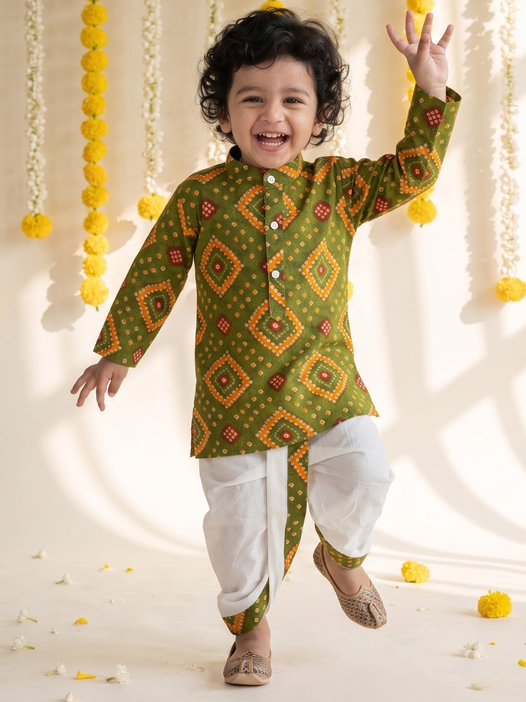 AJ Dezines Green Bandhani Print Pure Cotton Sibling Set for Kids | Matching Brother & Sister Outfit
