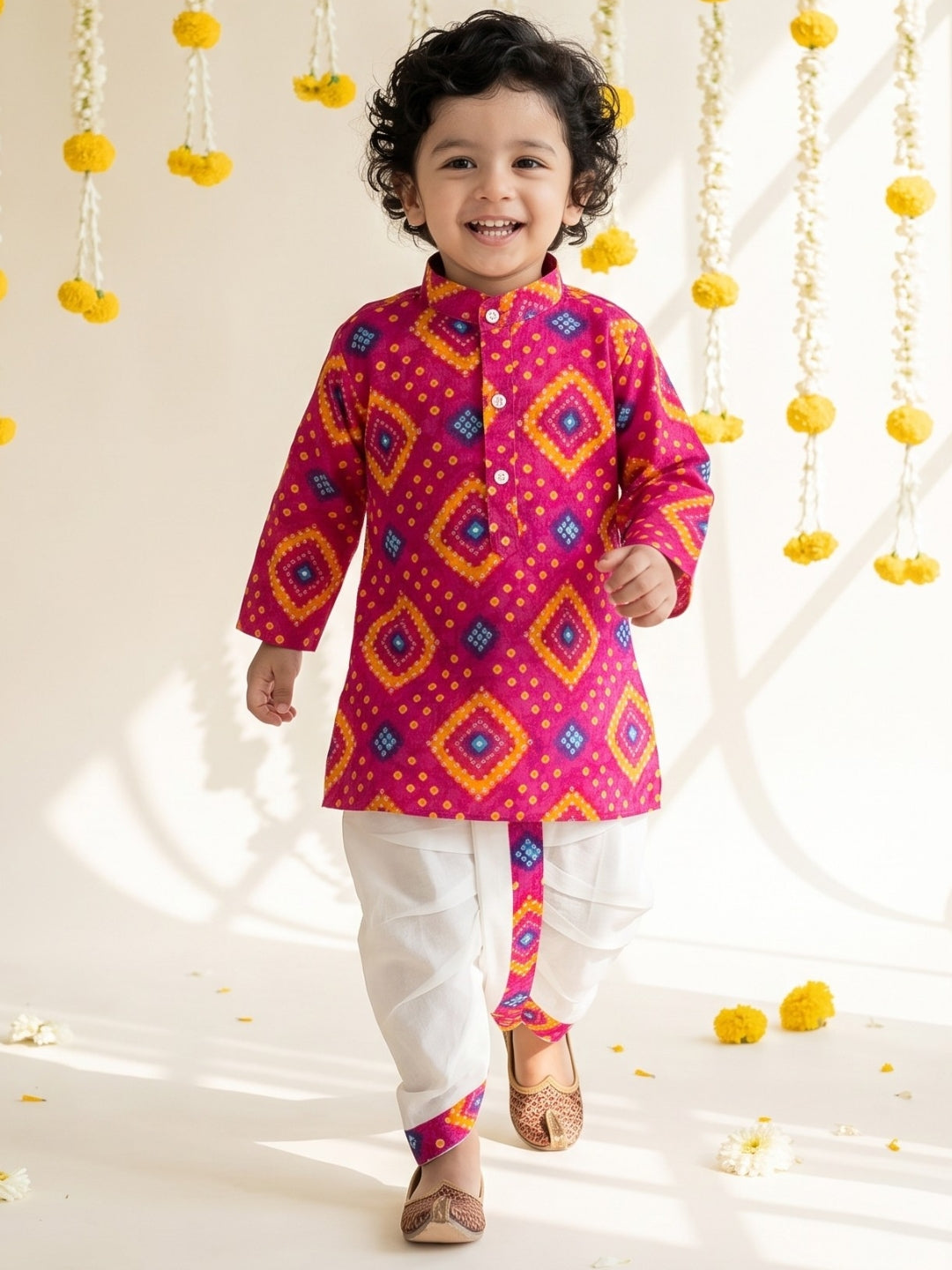 AJ Dezines Pink Bandhani Print Pure Cotton Sibling Set for Kids | Matching Brother & Sister Outfit