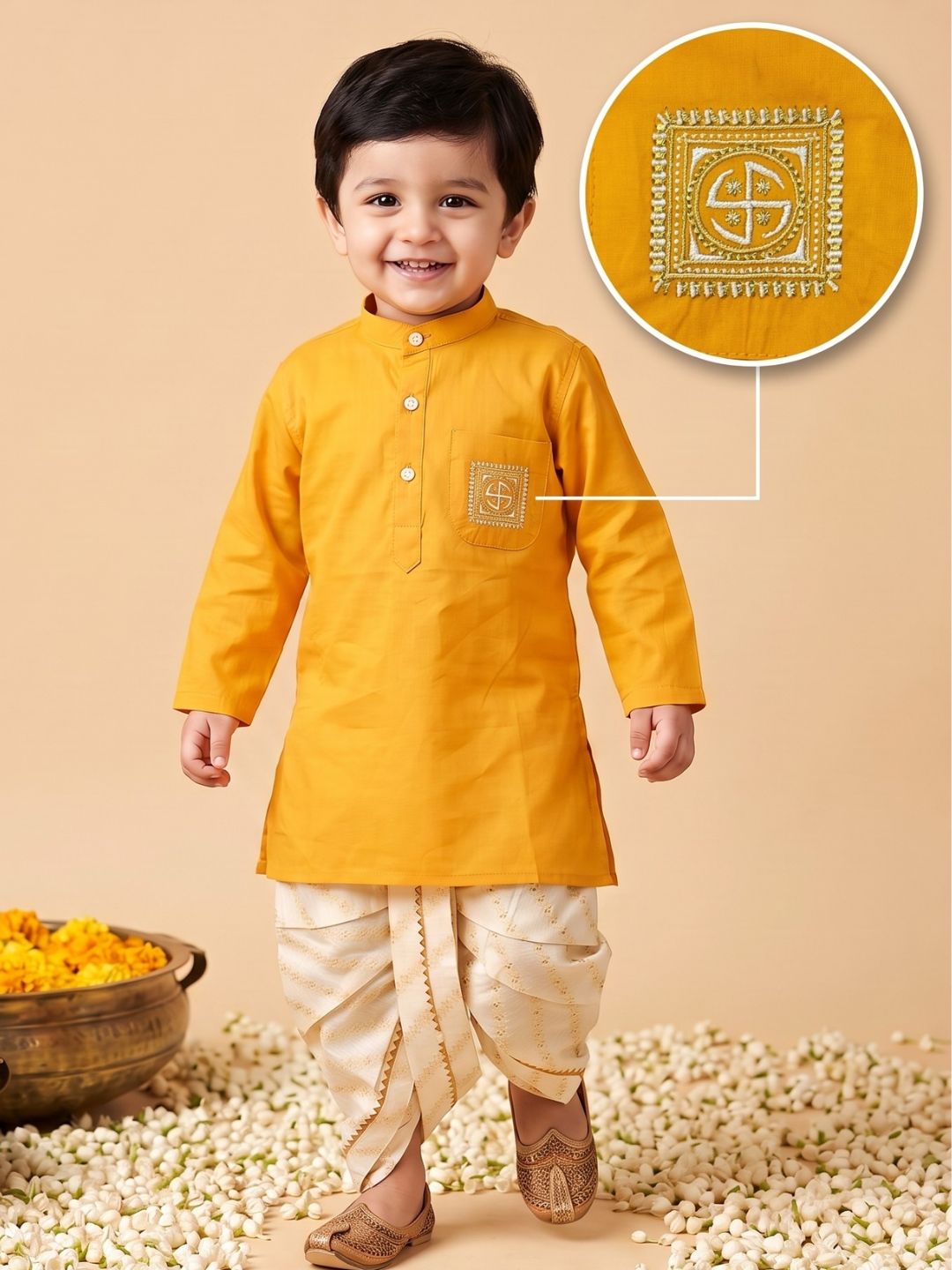 AJ Dezines Mustard Pocket Embroidery Pure Cotton Dhoti Set For Boys