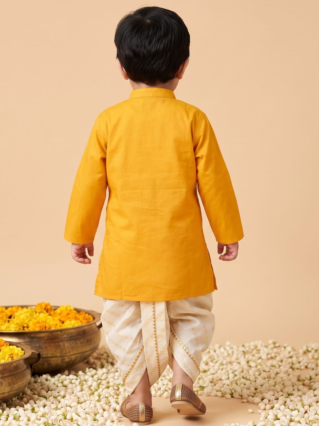 AJ Dezines Mustard Pocket Embroidery Pure Cotton Dhoti Set For Boys