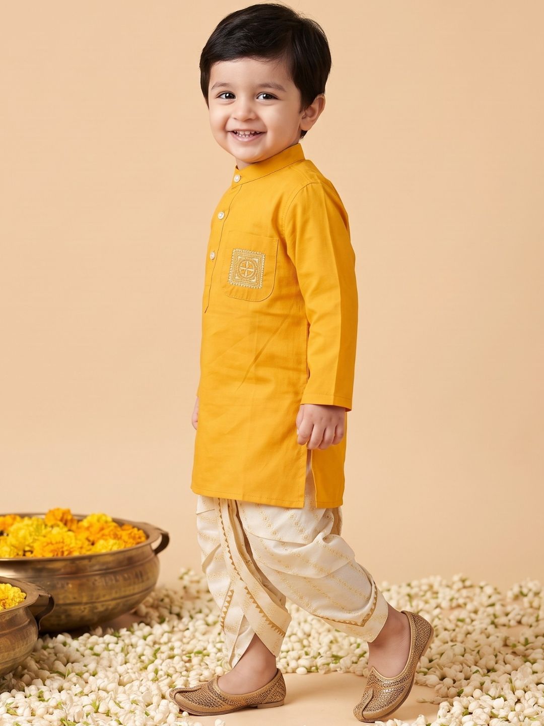 AJ Dezines Mustard Pocket Embroidery Pure Cotton Dhoti Set For Boys