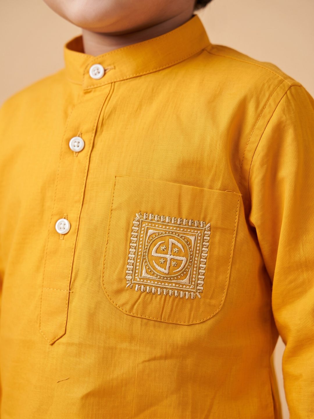 AJ Dezines Mustard Pocket Embroidery Pure Cotton Dhoti Set For Boys