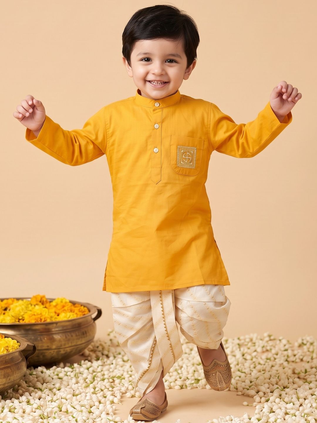 AJ Dezines Mustard Pocket Embroidery Pure Cotton Dhoti Set For Boys