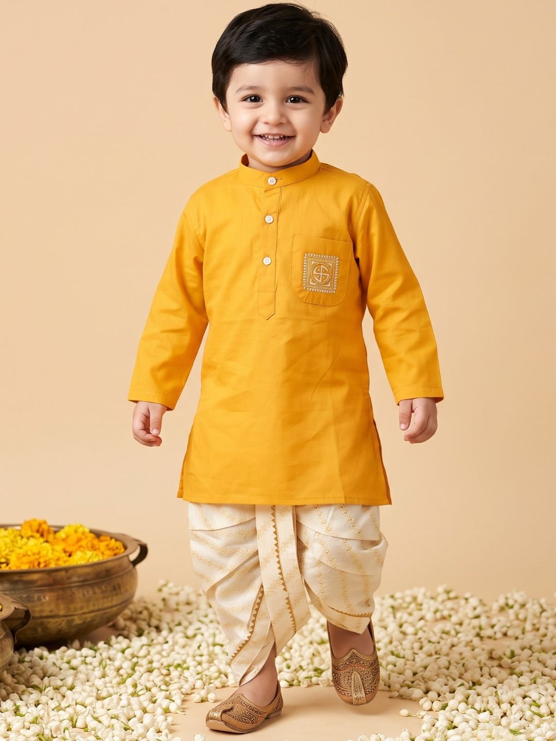 AJ Dezines Mustard Pocket Embroidery Pure Cotton Dhoti Set For Boys