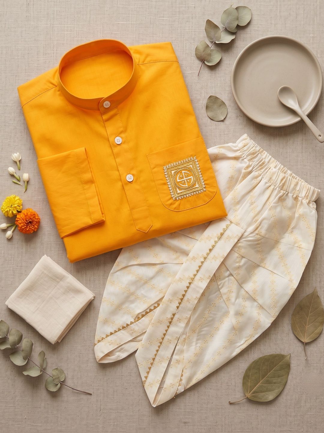 AJ Dezines Mustard Pocket Embroidery Pure Cotton Dhoti Set For Boys