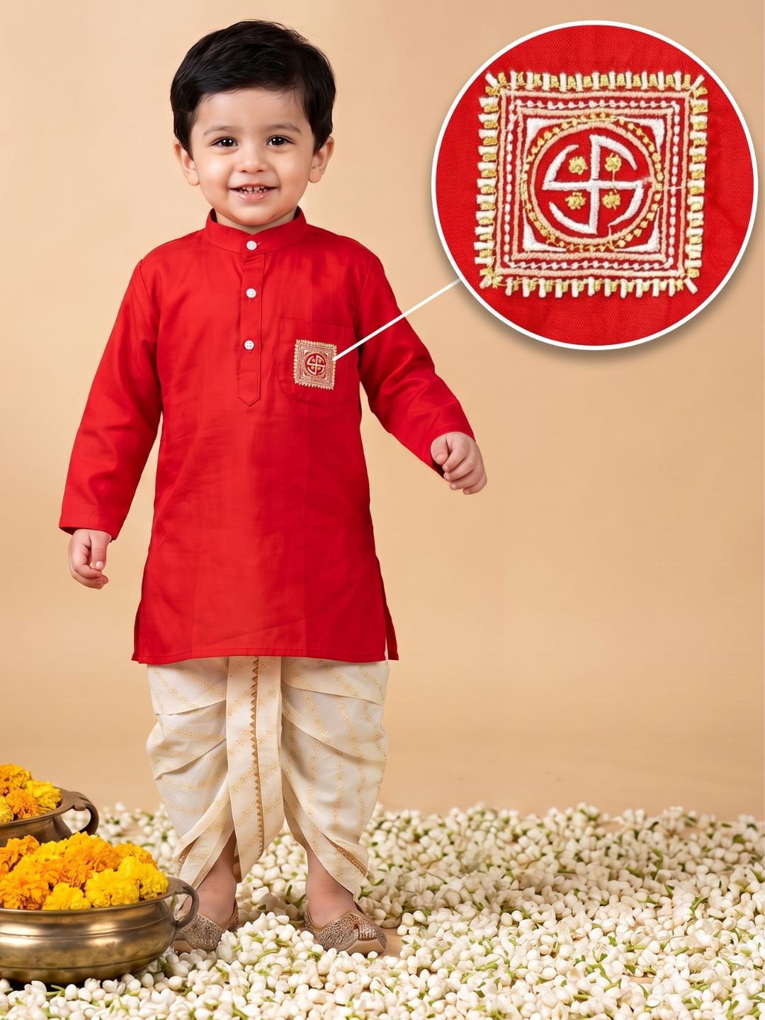 AJ Dezines Red Pocket Embroidery Pure Cotton Dhoti Set For Boys