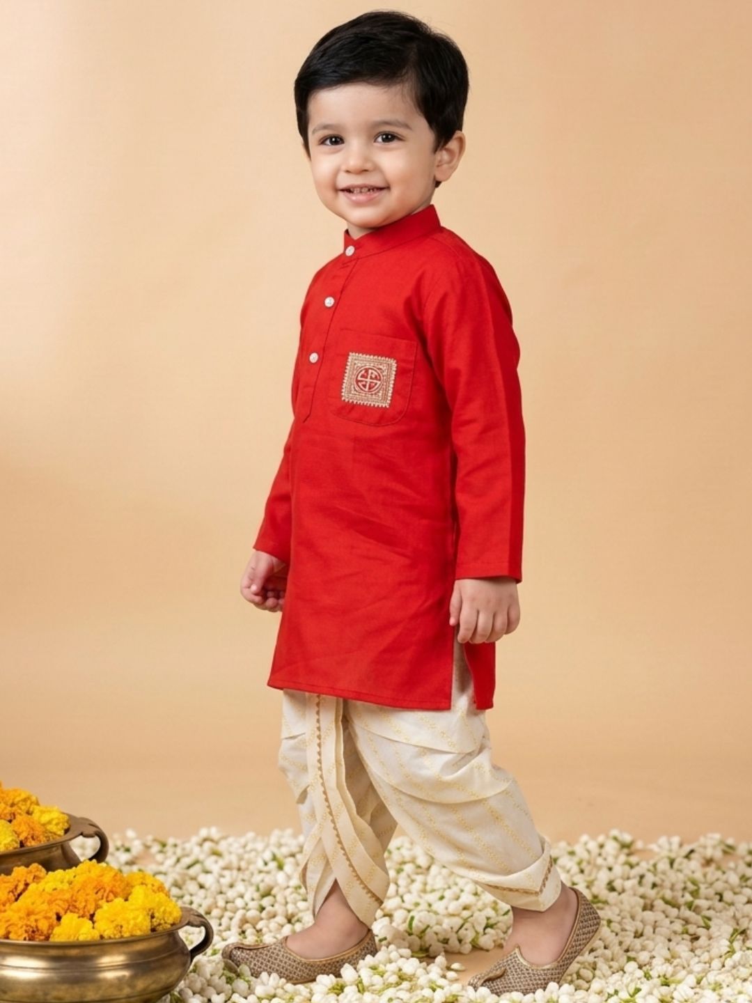 AJ Dezines Red Pocket Embroidery Pure Cotton Dhoti Set For Boys