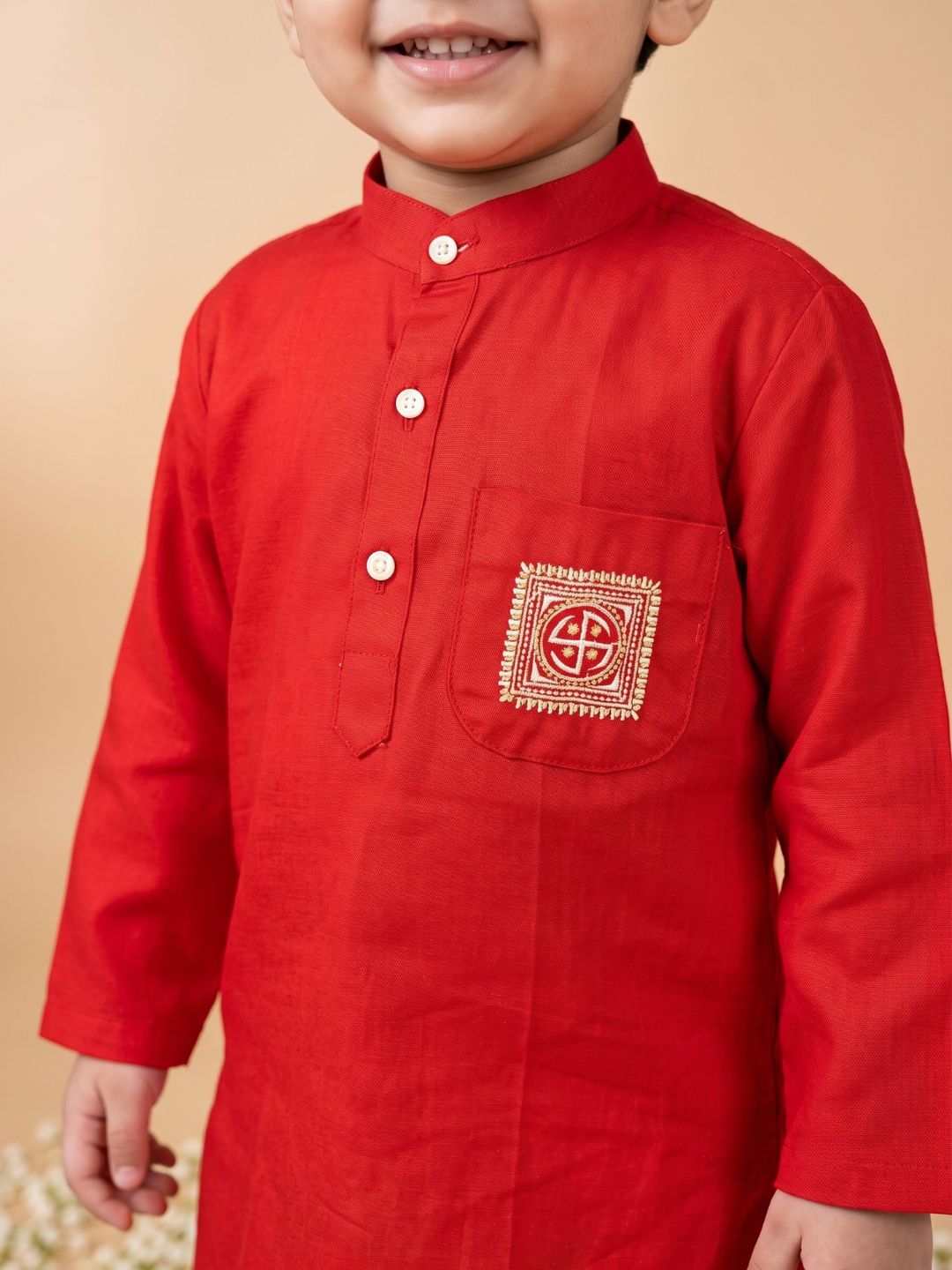 AJ Dezines Red Pocket Embroidery Pure Cotton Dhoti Set For Boys