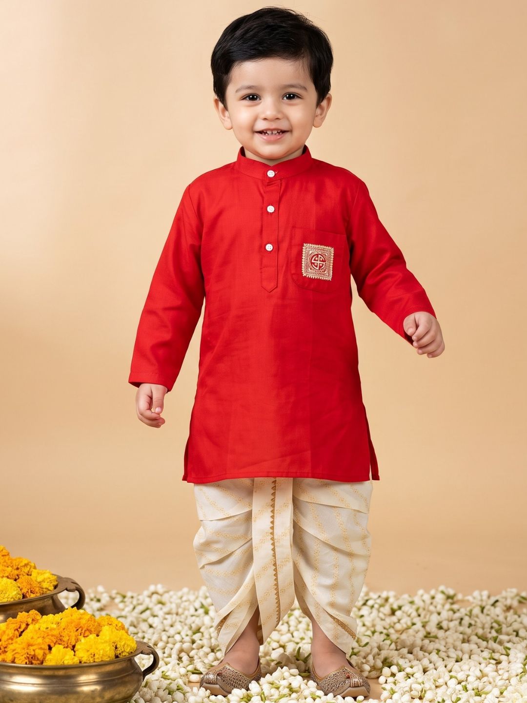 AJ Dezines Red Pocket Embroidery Pure Cotton Dhoti Set For Boys