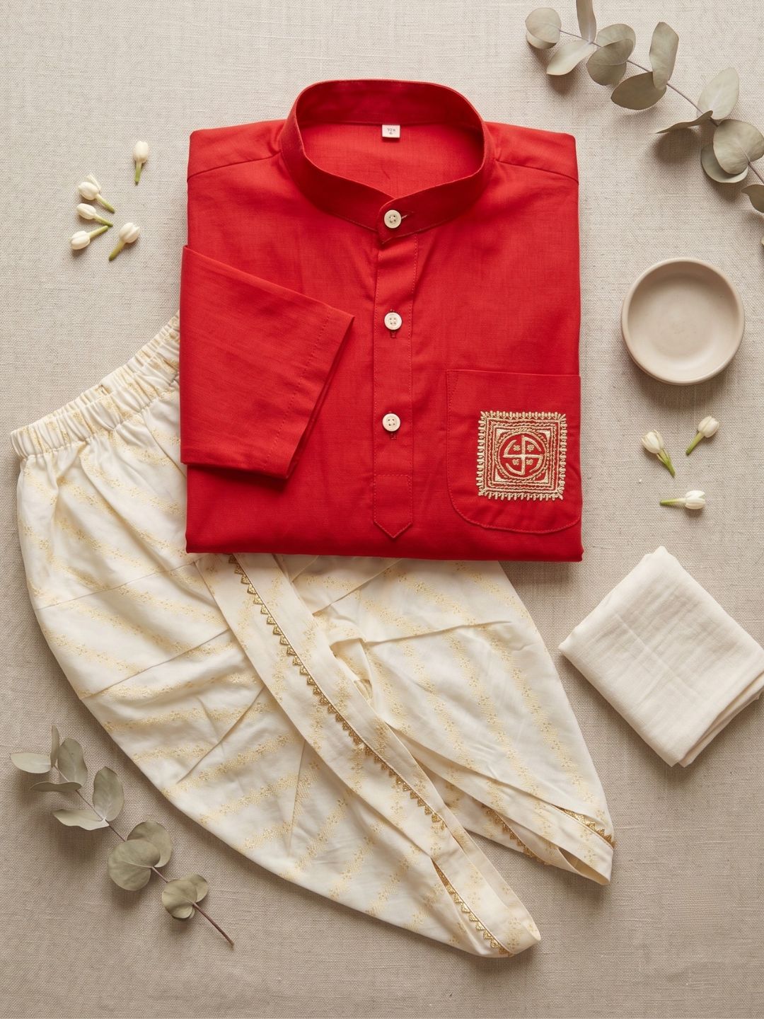 AJ Dezines Red Pocket Embroidery Pure Cotton Dhoti Set For Boys