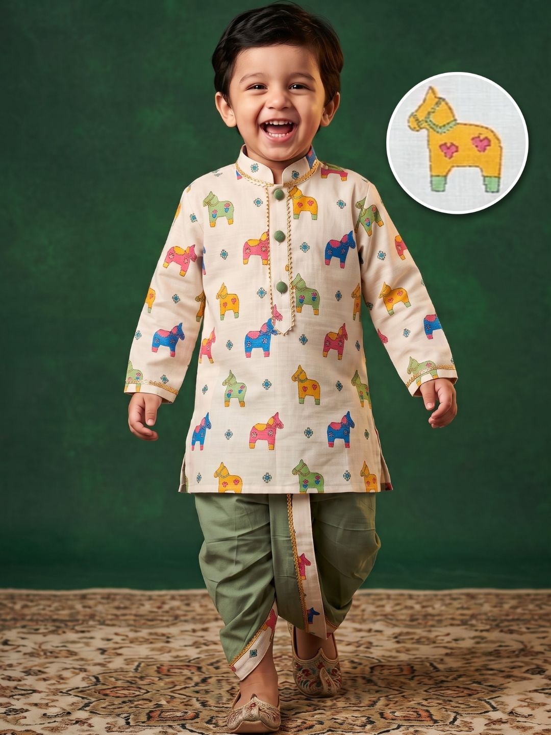 Off White Horse Print Cotton Blend Dhoti Kurta Set For Boys