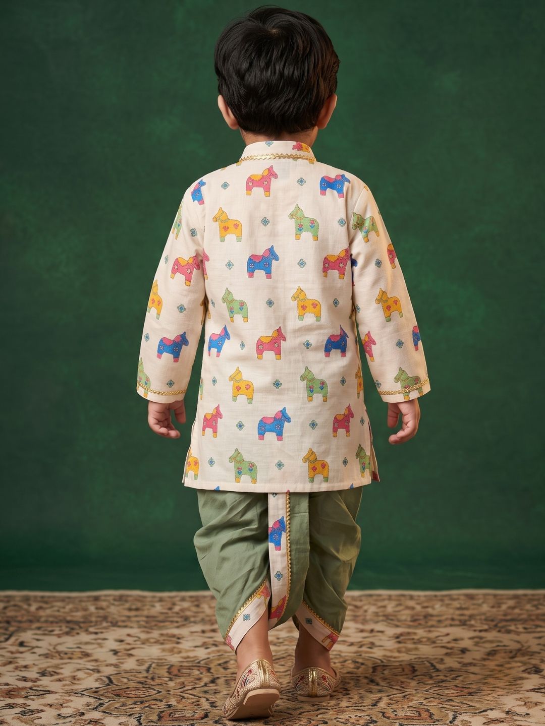 Off White Horse Print Cotton Blend Dhoti Kurta Set For Boys