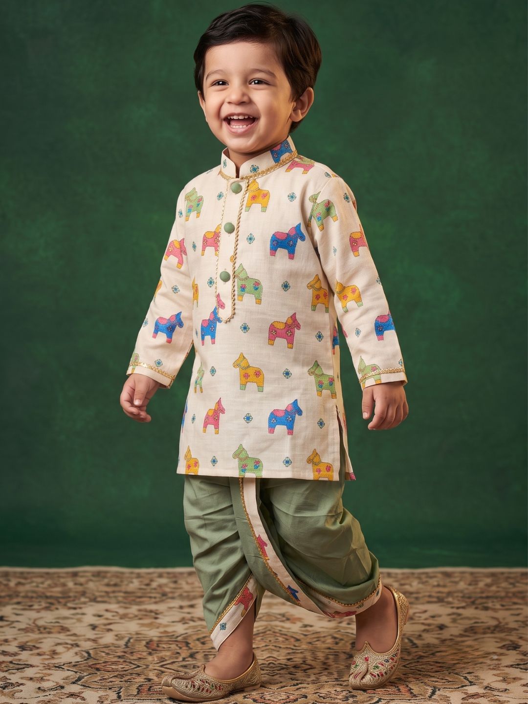 Off White Horse Print Cotton Blend Dhoti Kurta Set For Boys