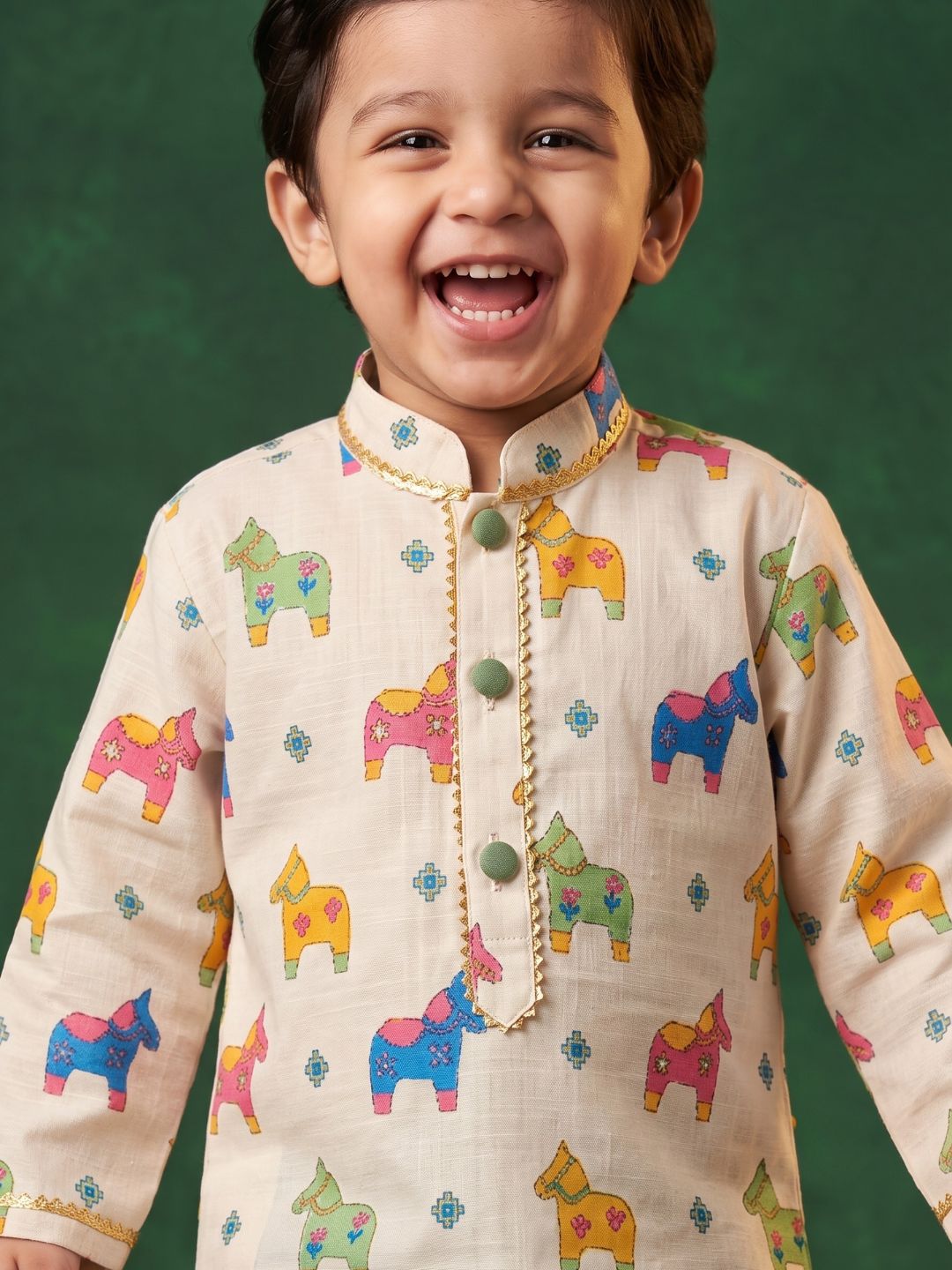 Off White Horse Print Cotton Blend Dhoti Kurta Set For Boys