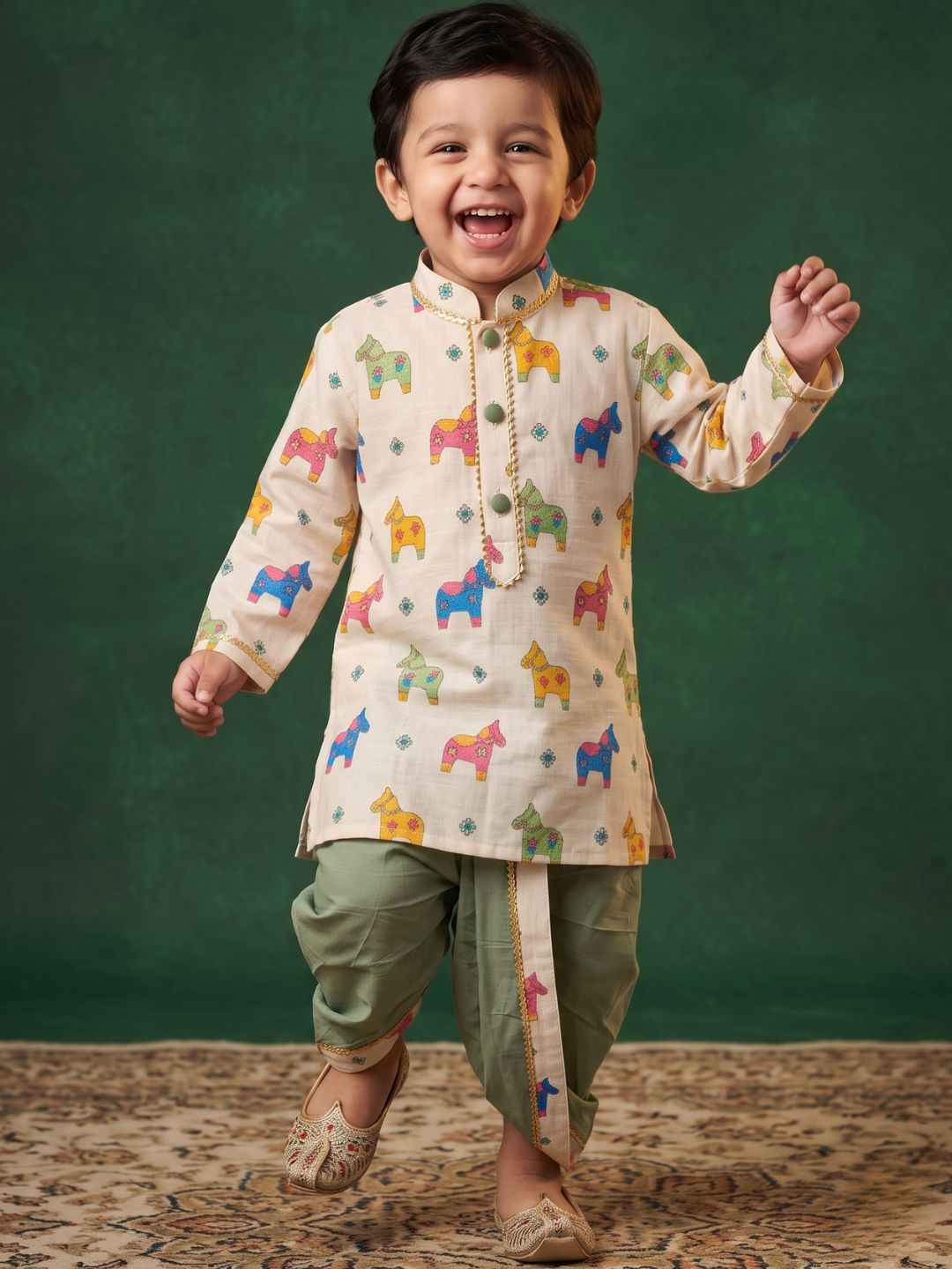 Off White Horse Print Cotton Blend Dhoti Kurta Set For Boys