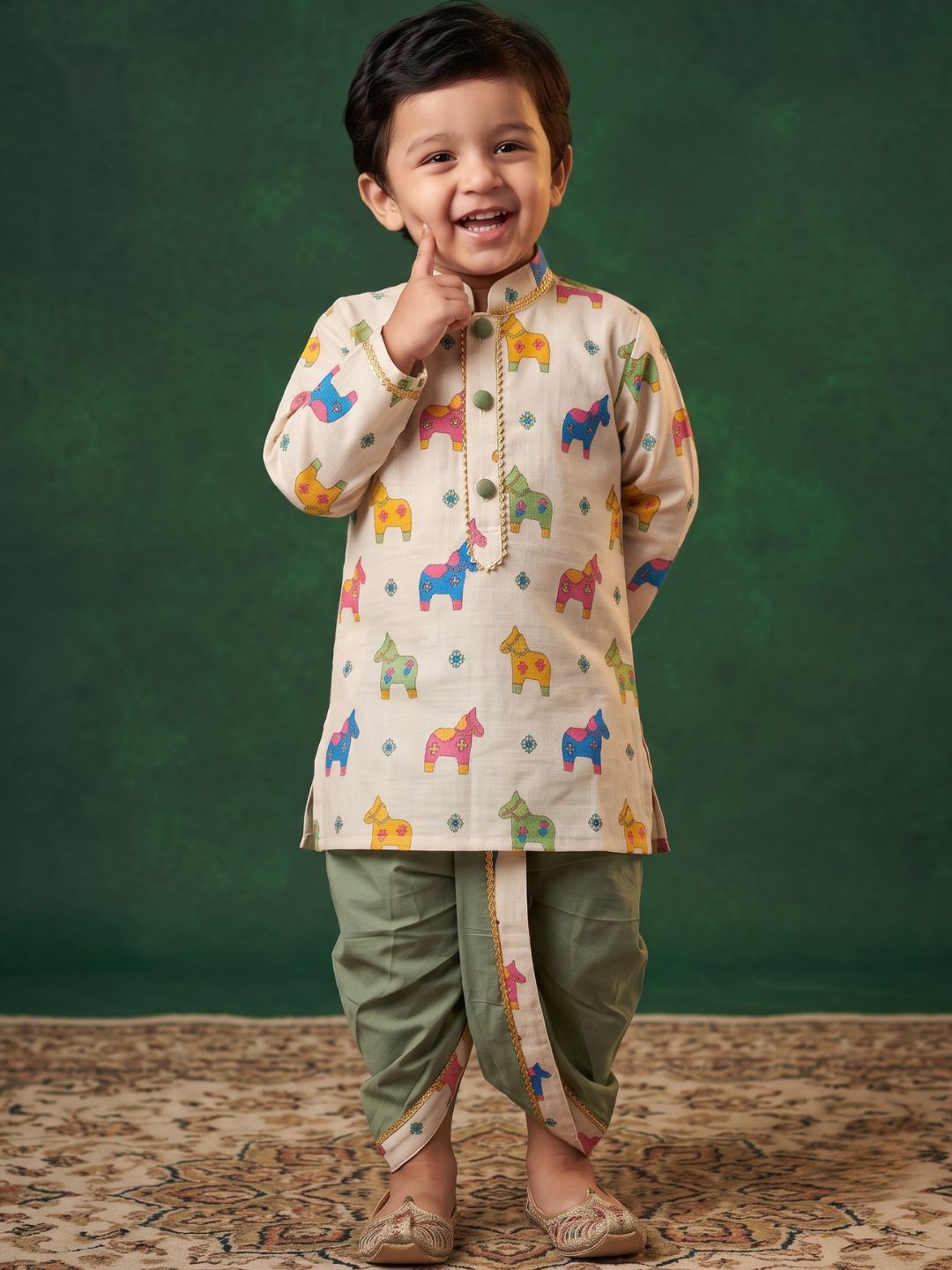 Off White Horse Print Cotton Blend Dhoti Kurta Set For Boys